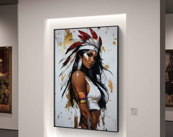 ネイティブの女性戦士の肖像画 - モダンなインテリアのためのデジタルウォールアート