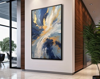 Navy Blue and Gold Abstract Printable Wall Art, Brush Strokes Watercolor Painting, Digital Instant Download, Home Decor, Blue and Gold Art