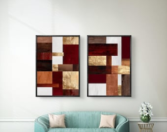 Red and gold abstract geometric wall art set