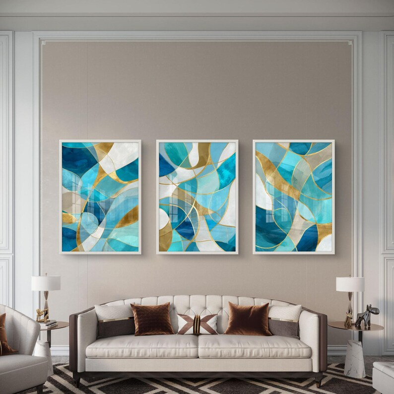Aqua and Gold Abstract Triptych Set of 3 - Modern Geometric Wall Art - Etsy