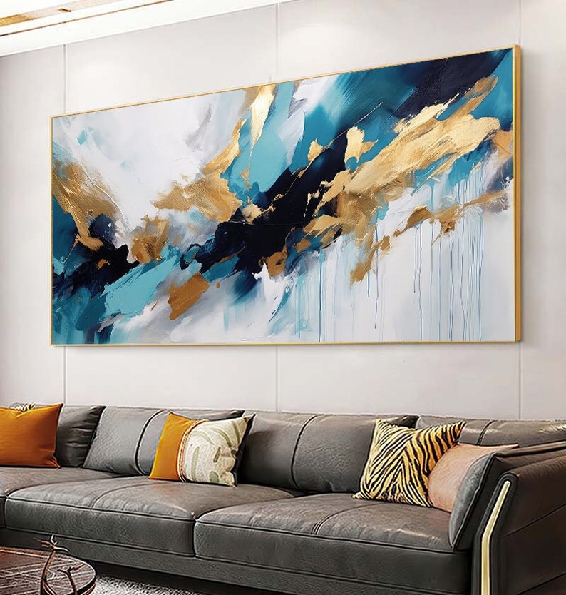 Large Abstract Printable Art, Blue and Gold, Large Wall Art, Indigo