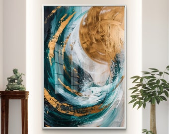 ゴールドとティールの抽象画アートプリント：モダンな渦巻き模様の絵画