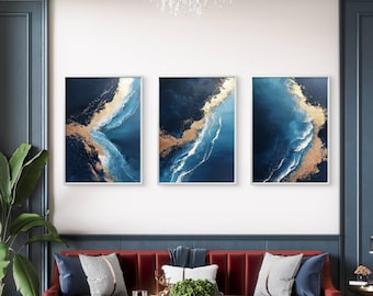 Blue and gold ocean triptych wall art – abstract seascape digital print