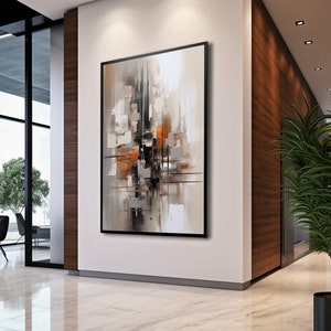 May include: Abstract painting featuring a blend of grey, brown and white hues. The artwork incorporates geometric shapes and lines, resulting in a modern and contemporary aesthetic.