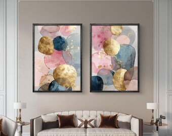 Pink and gold abstract watercolor wall art set of 2 - digital download