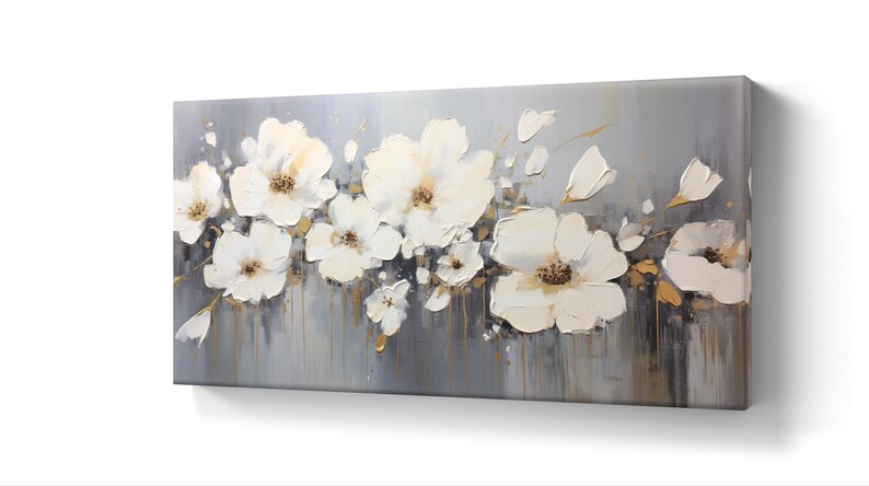 White and Gold Floral Wall Art - Modern Digital Painting - Etsy