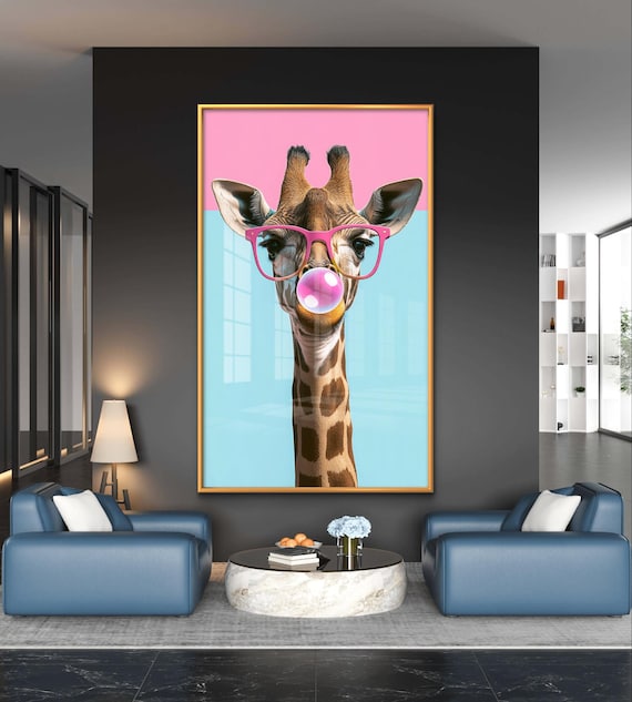 Quirky Giraffe Digital Art With Bubblegum and Glasses - Fun Animal