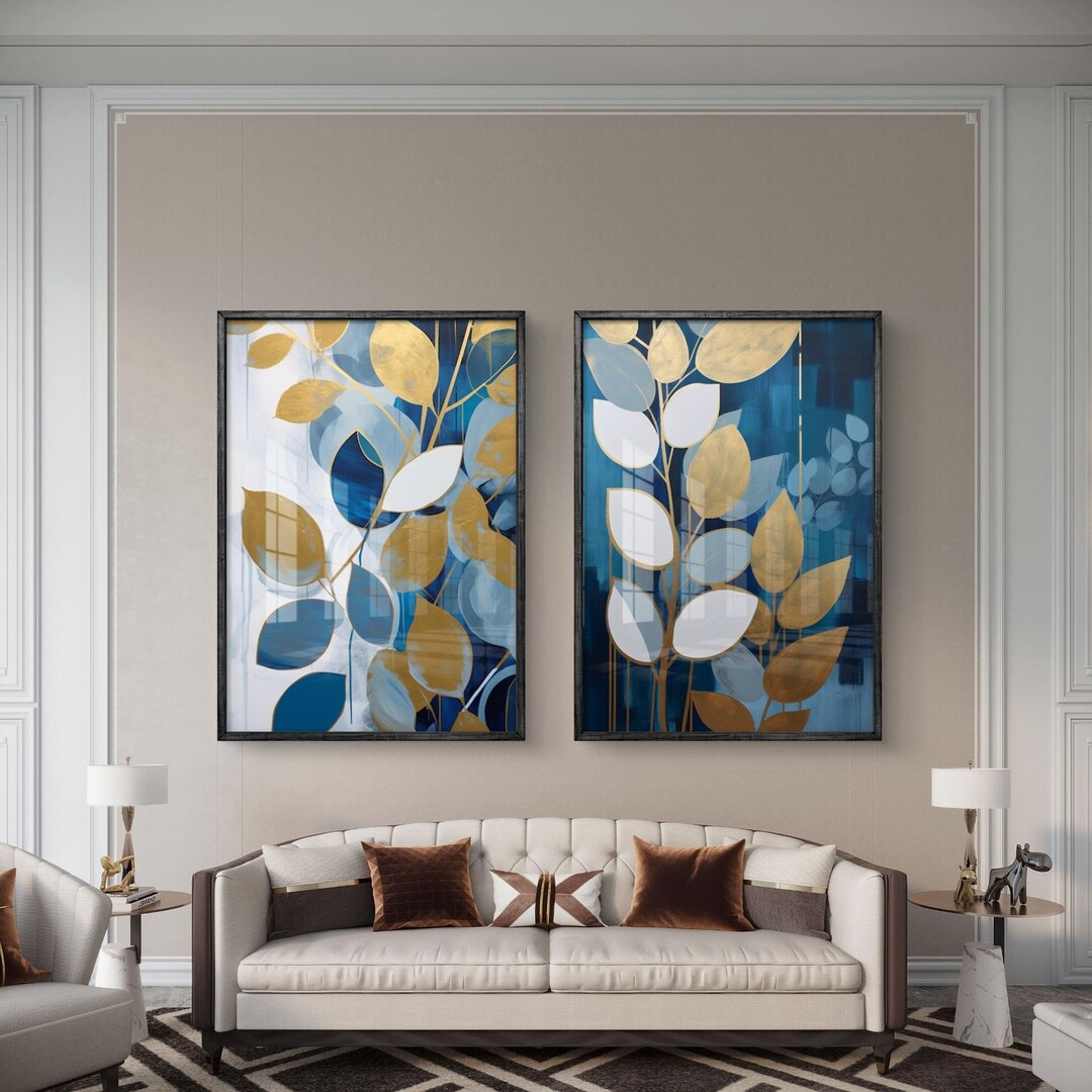 Blue Gold Botanical Leaves Set of 2 - Digital Wall Art - Etsy