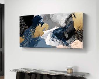 Blue gold abstract wall art - modern luxury painting