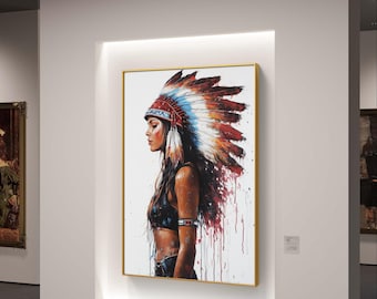 ネイティブの女性戦士の肖像画 - モダンなインテリアのためのデジタルウォールアート