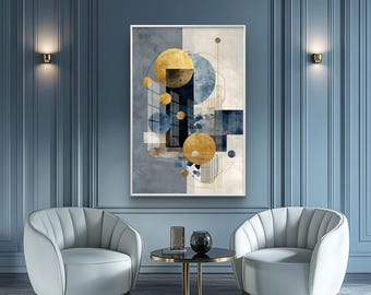 Geometric gold and blue abstract wall art - digital download