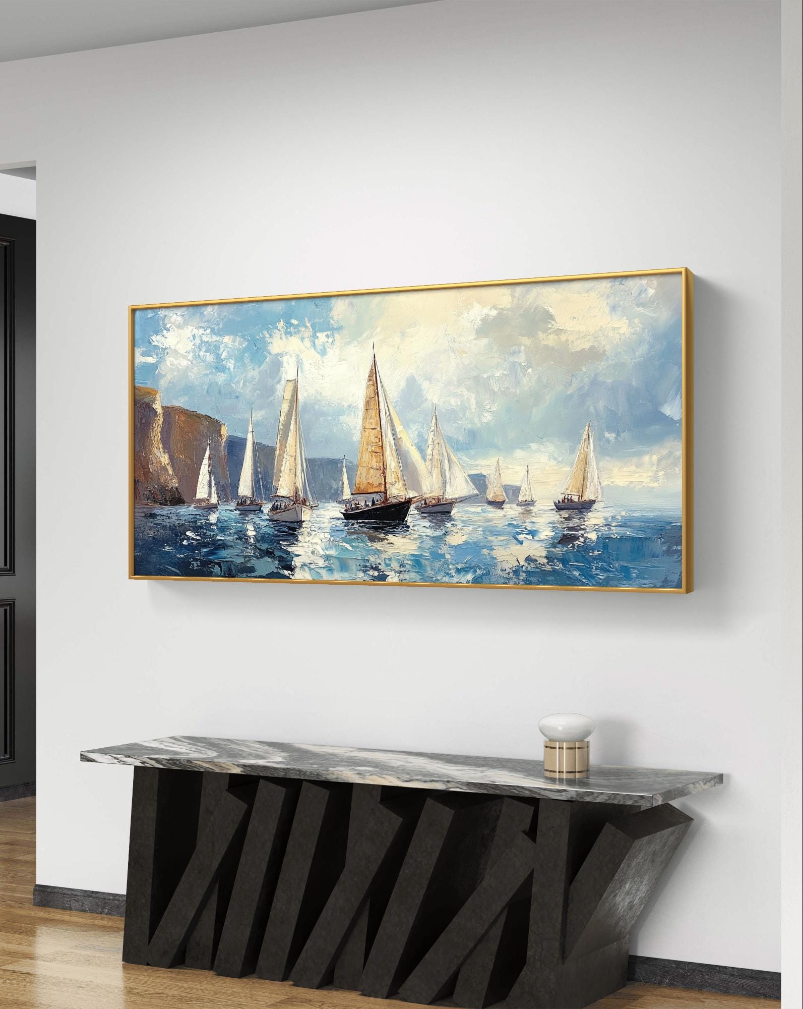 Tableau Marin Original Peint à L'huile Sur Toile, Bateau De Pêche, Signé Par L'artiste