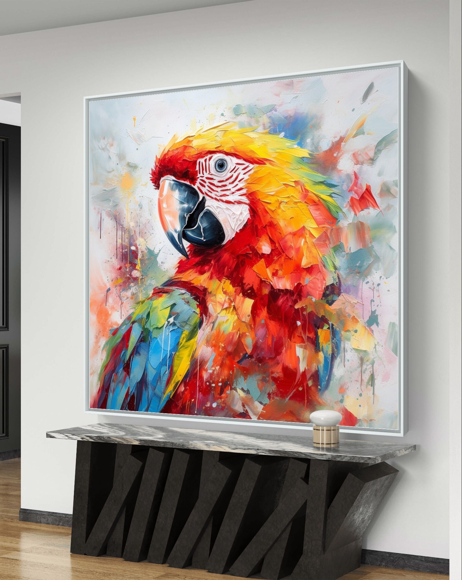 【人気急上昇】 オウムの抽象アートデジタルプリント、コンゴウインコ 絵画