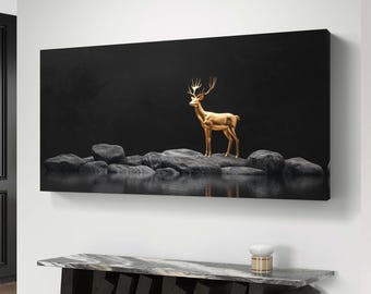 Golden Stag on Rocks – Elegante digitale kunst voor modern interieur
