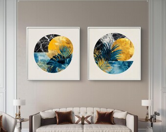 Set of 2 abstract tropical leaves in blue and gold – digital download