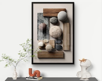 May include: Abstract wall art in a black frame featuring a collage of natural elements. Includes wooden blocks, textured stones, and a marble-like panel. The artwork is displayed above a gray cabinet with decorative items.