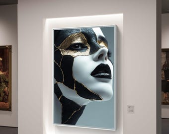 Kintsugi Face Art: Abstraktes Gold-Schwarz-Wanddekor (Digital Art)