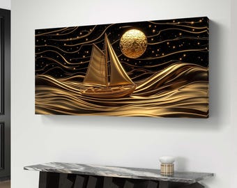 Gouden zeilboot en maan abstracte digitale kunst – luxe nautische scène