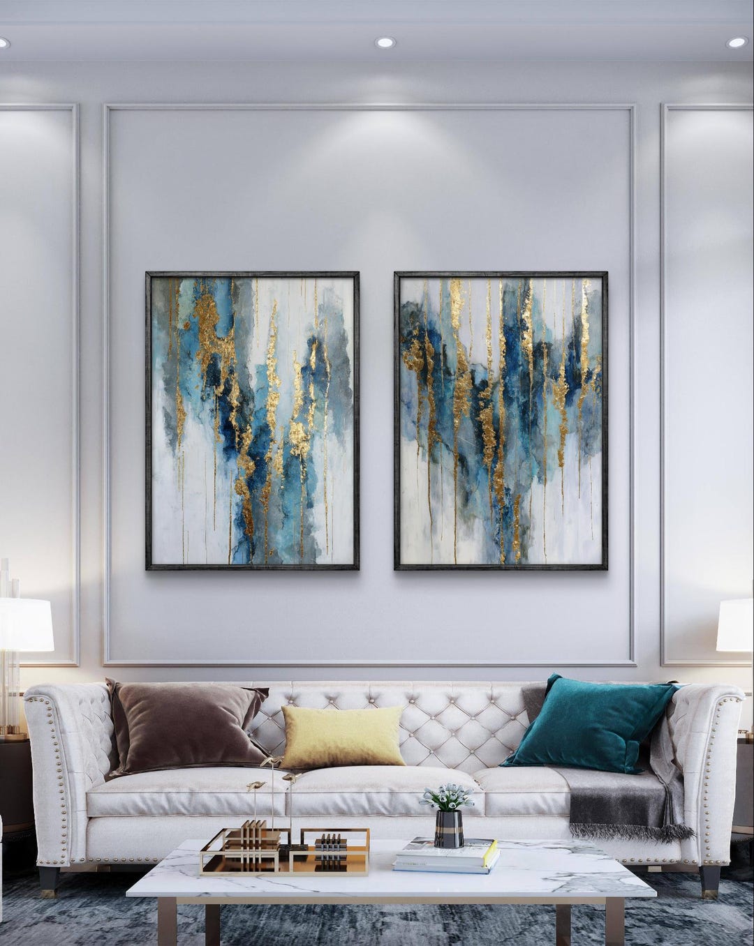 Blue and Gold Abstract Wall Art - Modern Digital Print Set - Etsy