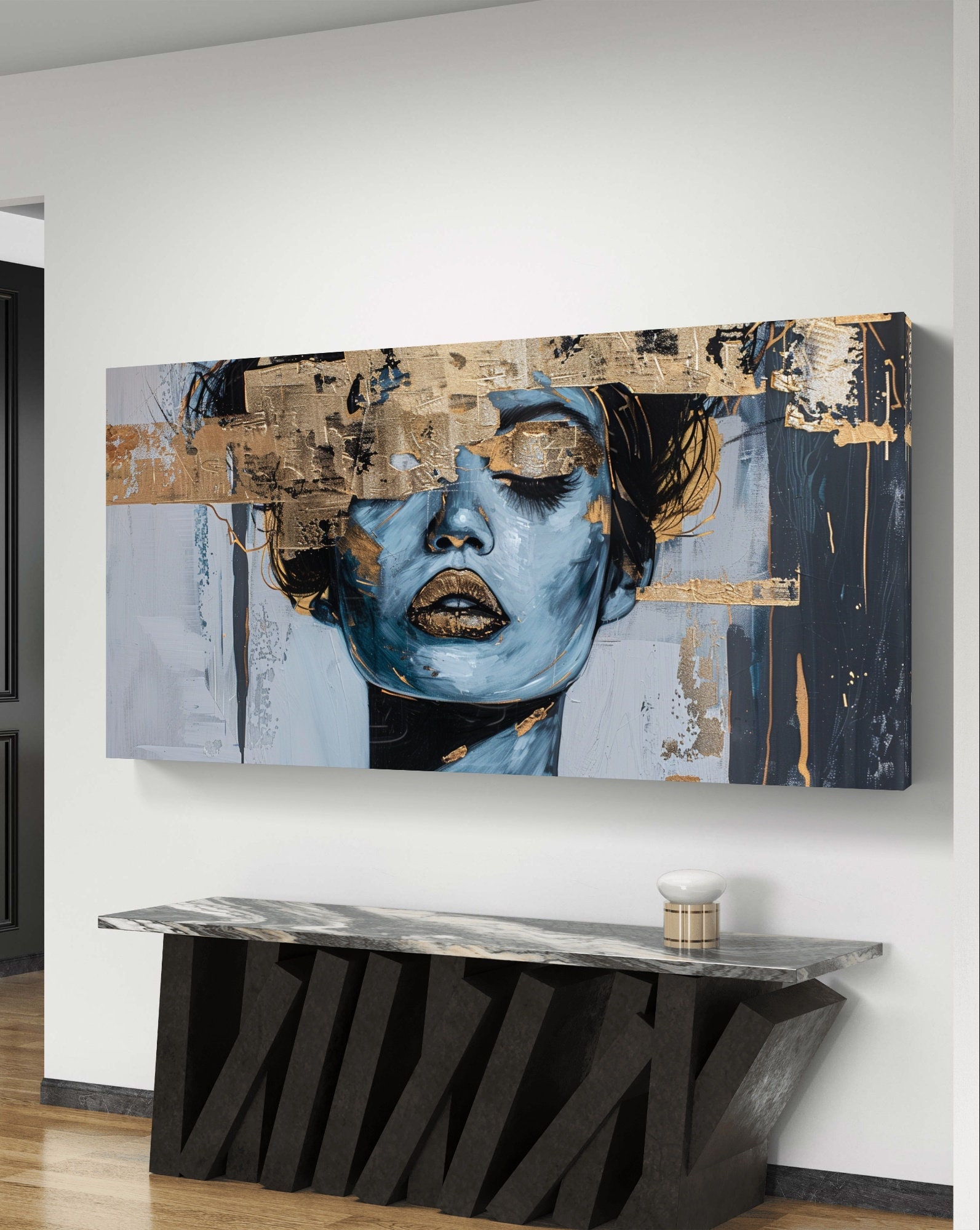 Abstract Woman Portrait Art Print: Gold Metallic, Blue Reverie (instant ...