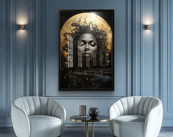 Może przedstawiać: Oprawiony wydruk artystyczny przedstawiający twarz kobiety na tle złotego księżyca. Grafika jest w czarnej ramie, a pokój ma dwa białe fotele i mały stolik z czarnym blatem. Ściany pomalowane są na niebiesko.