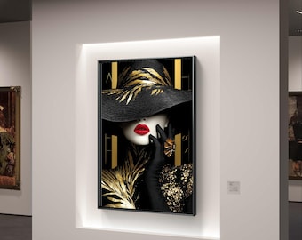 Retrato de moda em preto e dourado com lábios vermelhos - arte de parede glamourosa de luxo para download digital.