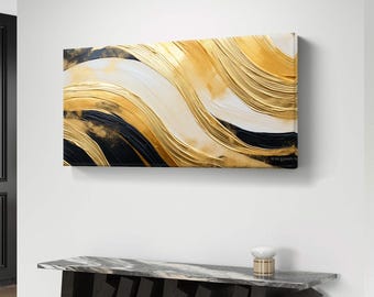 Schwarz-weiß-gold gebürstete Wellen - moderner abstrakter Druck