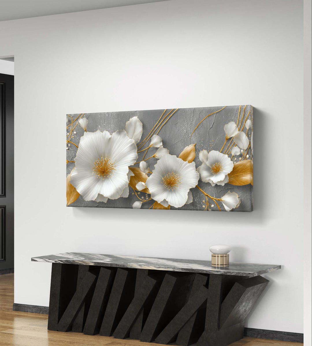 Elegant White Floral on Grey With Gold Accents Digital Wall Art - Etsy