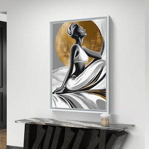 Modern Feminine Digital Art – Elegant Yoga Pose with Gold Accents