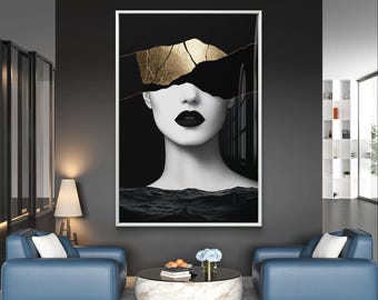 Abstraktes Gesicht in Schwarz – Digitaler Kunstdruck mit Kintsugi Elements