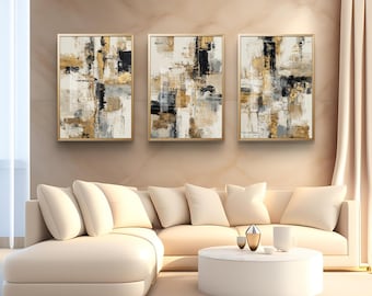 Modern gold and black abstract triptych - digital wall art