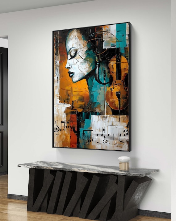 ヴァイオリンと音符を持つ抽象的な女性 - 音楽をテーマにしたアート