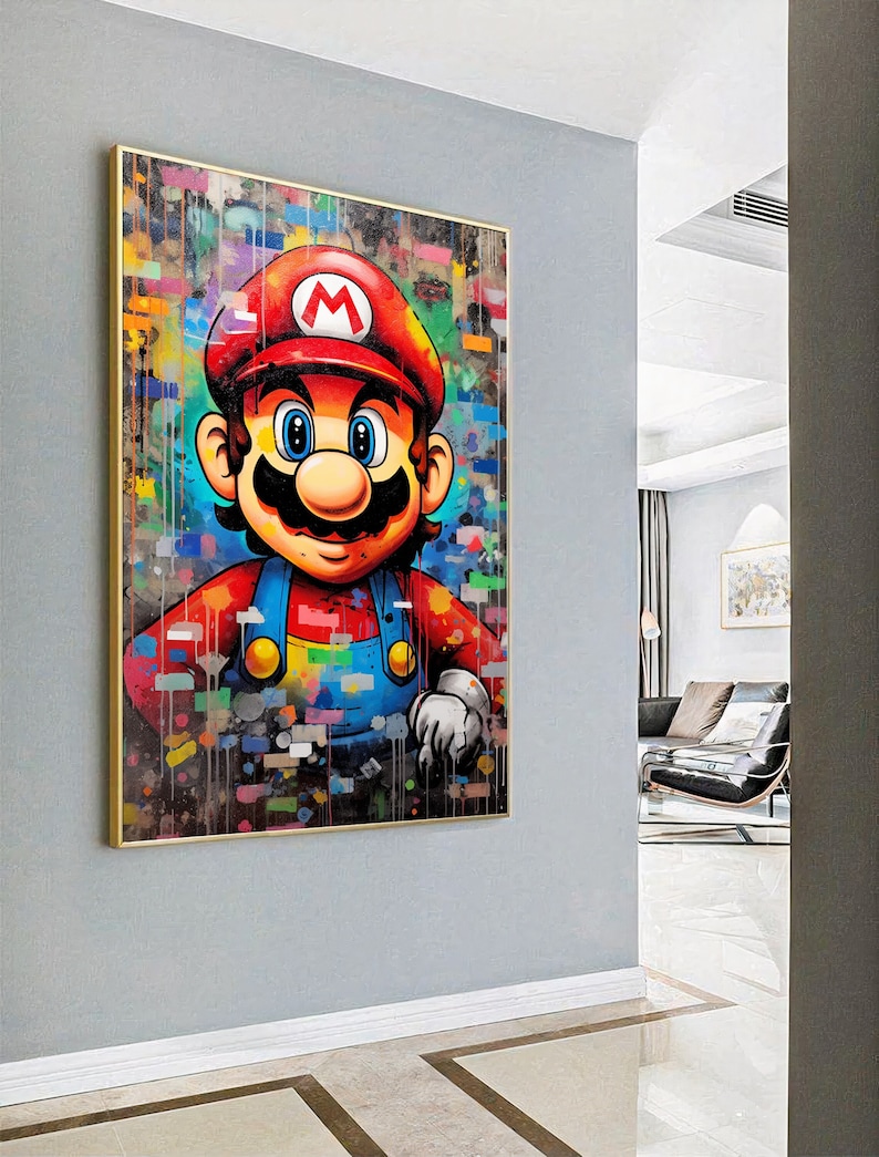 May include: A colorful, abstract painting of a cartoon character, Super Mario, with a red hat and blue overalls. The background is a mix of colorful squares and splatters of paint.