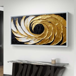 Abstract gold and white swirl textured digital art on black background