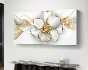 Handgemaltes Ölgemälde 'Weiße Blume' – 90x60 Cm, Abstrakt Moderne Wanddekoration Für Zuhause