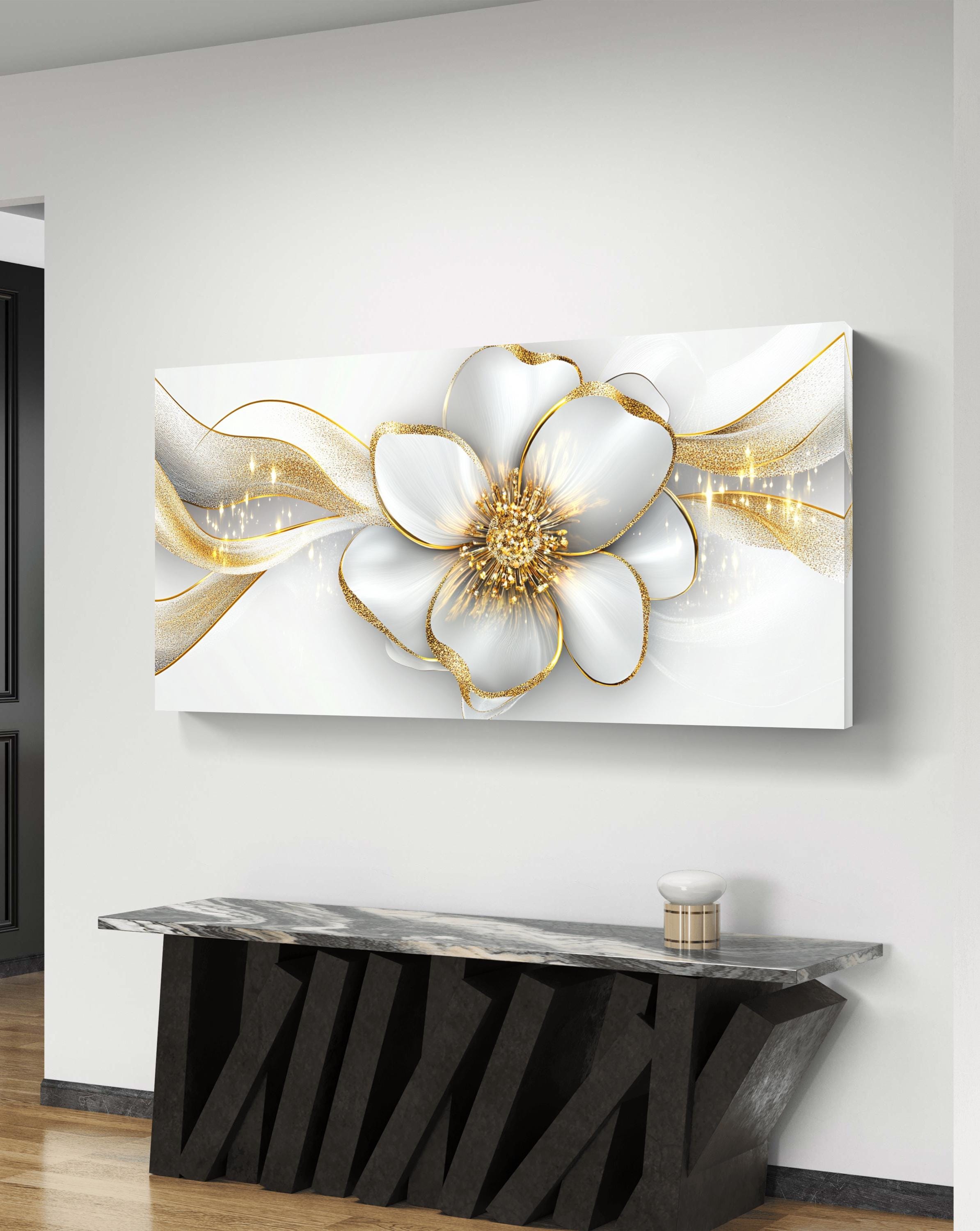 Luxurious White Flower With Gold Accents | Elegant Digital Wall