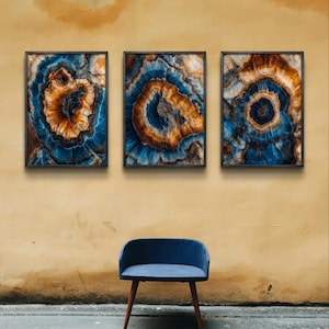 Geode-Inspired Abstract Wall Art Set | Blue and Orange Agate Print Trio | Modern Digital Download Decor