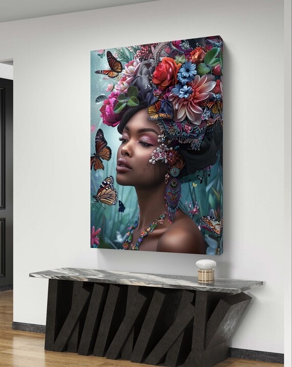鮮やかな花柄のヘッドピースポートレートアートプリント、蝶と花