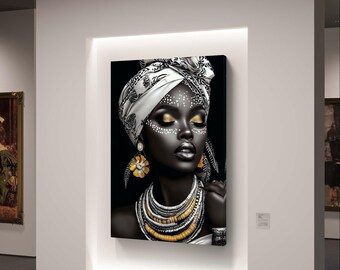 African Woman Portrait with Tribal Face Paint, Elegant Headwrap Art, Digital Download