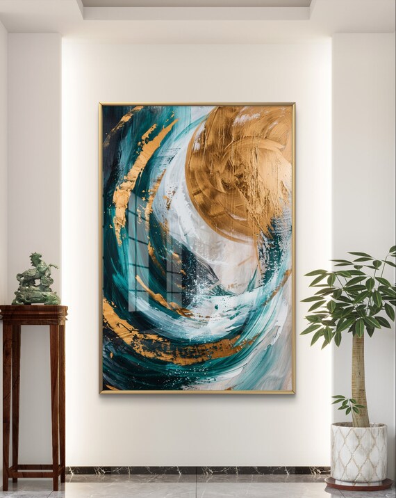 ゴールドとティールの抽象画アートプリント：モダンな渦巻き模様の絵画