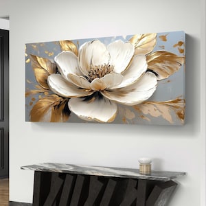 White flower digital art with gold accents on a neutral-toned background.