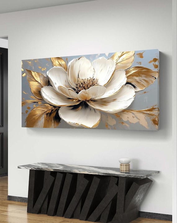 Gold Accent White Flower Art: Elegant Neutral Wall Decor (Digital Download)