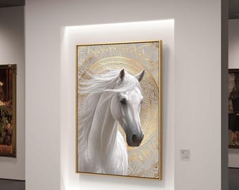 Digitales Wandbild mit weißem Pferd und goldenem Mandala