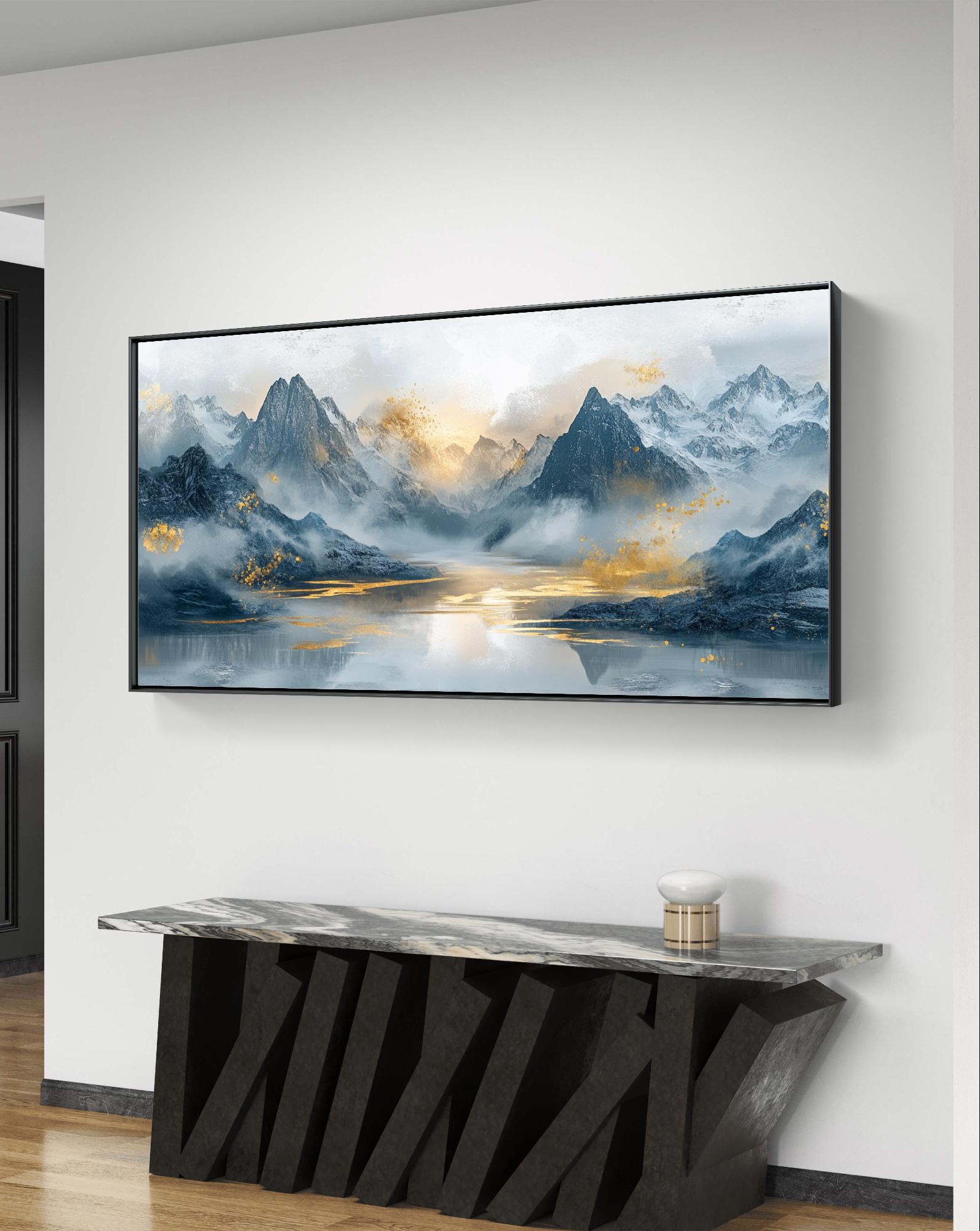Mystic Mountain Landscape Wall Art - Blue and Gold Digital Download