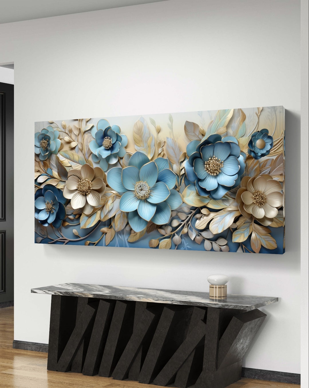Elegant Blue and Gold Floral 3D Wall Art - Printable Home Decor - Etsy