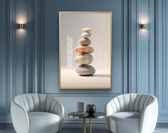 Lámina decorativa minimalista de pared con equilibrio de piedra zen