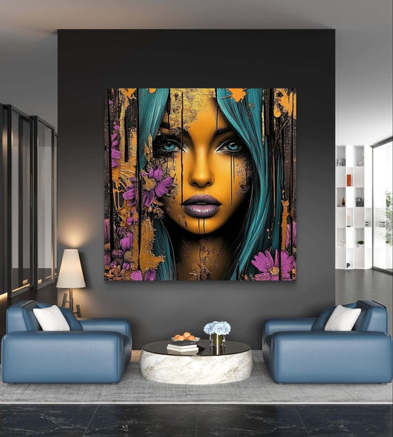 Teal Hair Woman Portrait: Grunge Floral Art Print (digital