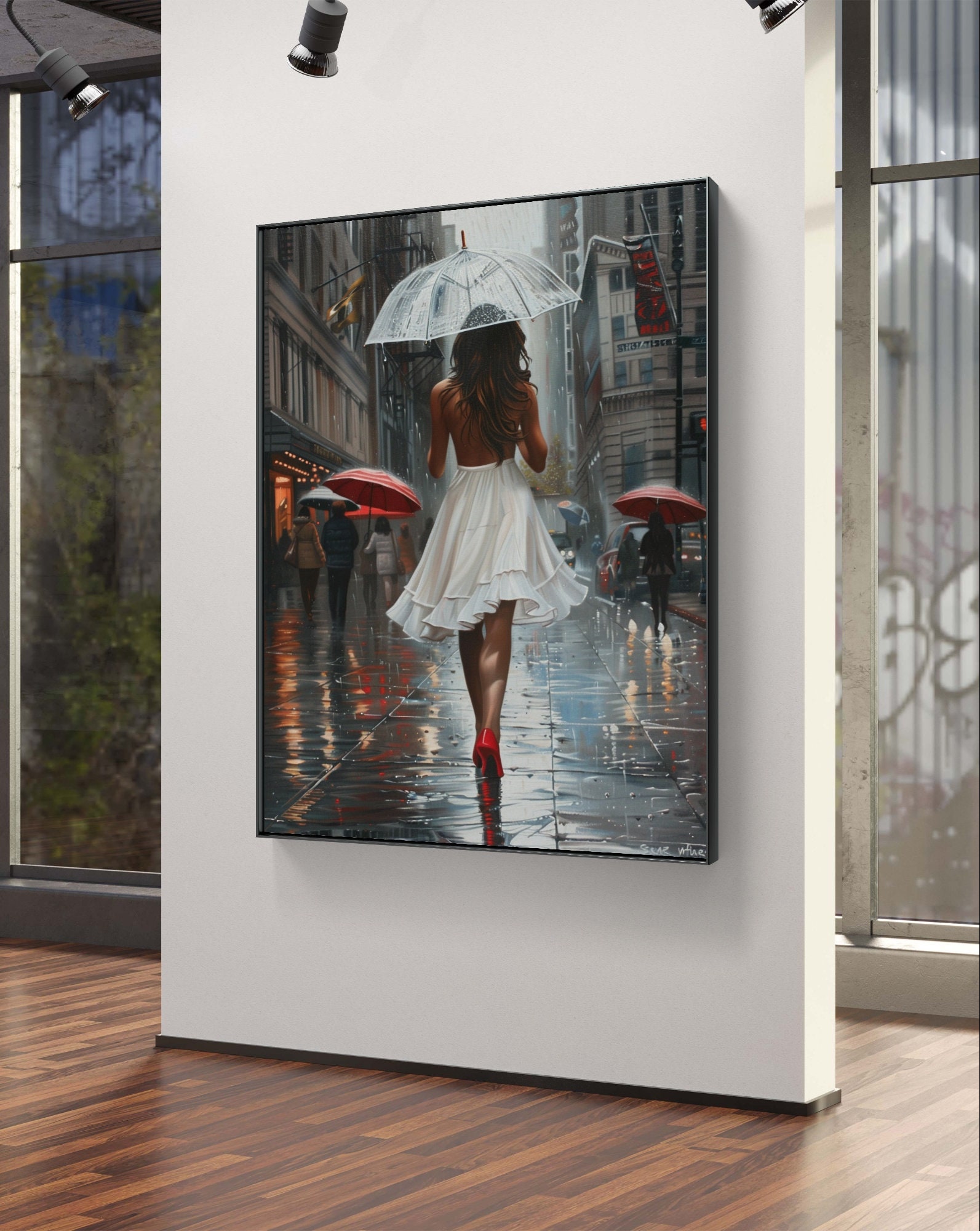 Elegant Rainy Day Wall Art - Woman in White Dress & Red Heels ...