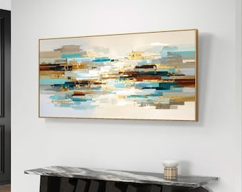 Abstract ocean horizon wall art in blue and gold - digital download for home decor