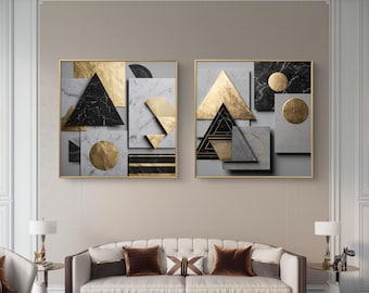 Conjunto de 2 cuadros geométricos de mármol negro y dorado (descarga digital)